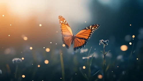 Monarch butterfly in cinematic dusk meadow glow.