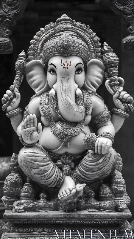 Stone sculpture of seated Ganesha with ornate adornment.