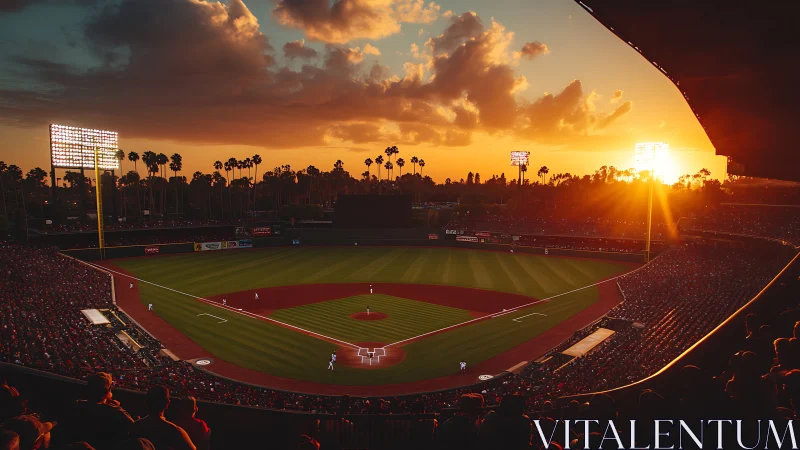 Sunlit baseball stadium with evening game in progress.