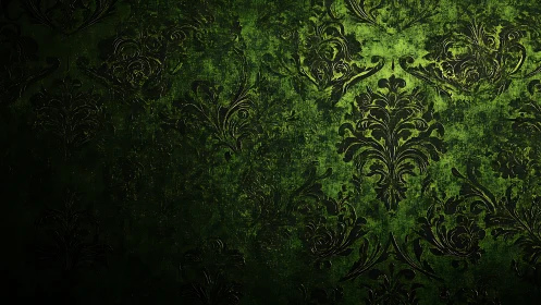 Ornate green damask wallpaper with aged textured finish.