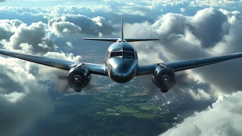 Streamlined twin‑engine classic airliner cutting through cumulus