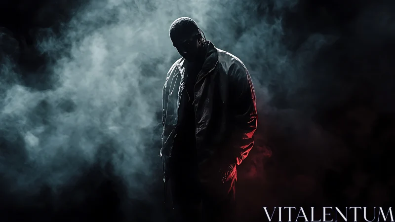 Backlit hooded figure in dense atmospheric smoke with red rim light