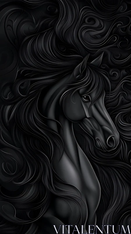 Stylized black horse with flowing mane on dark background.