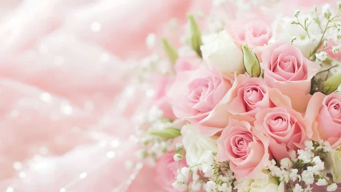 Soft pink wedding roses glow over blurred satin bokeh.