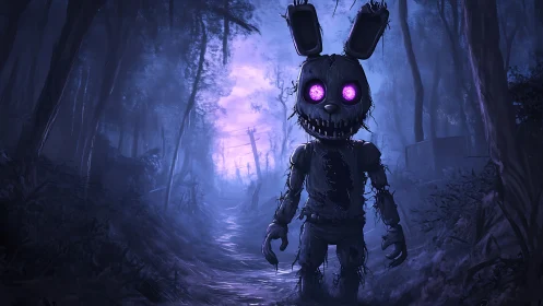 Glowing eyed nightmare bunny prowls a fog drowned forest.