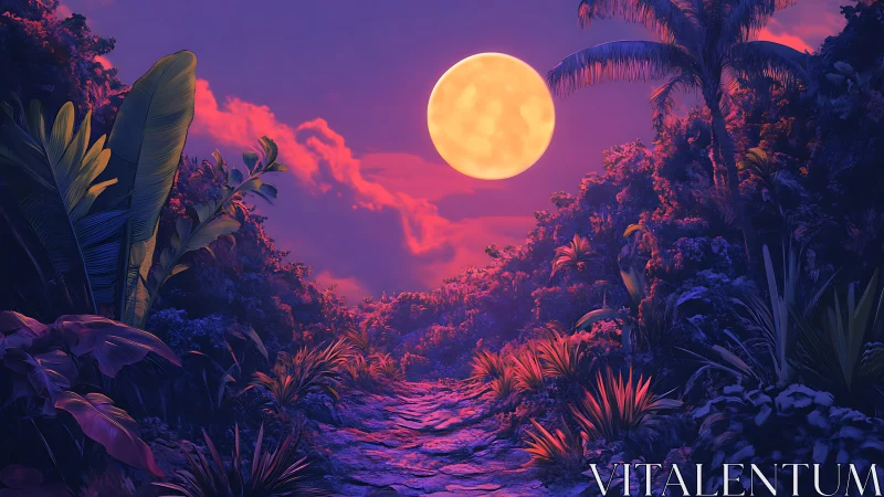 Moonlit tropical path under vivid purple twilight sky.