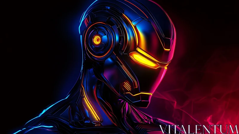 Neon cybernetic warrior head with luminous visor glow.