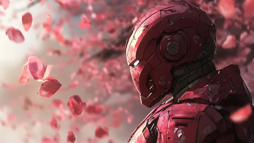 Red armored humanoid figure amid drifting pink petals.