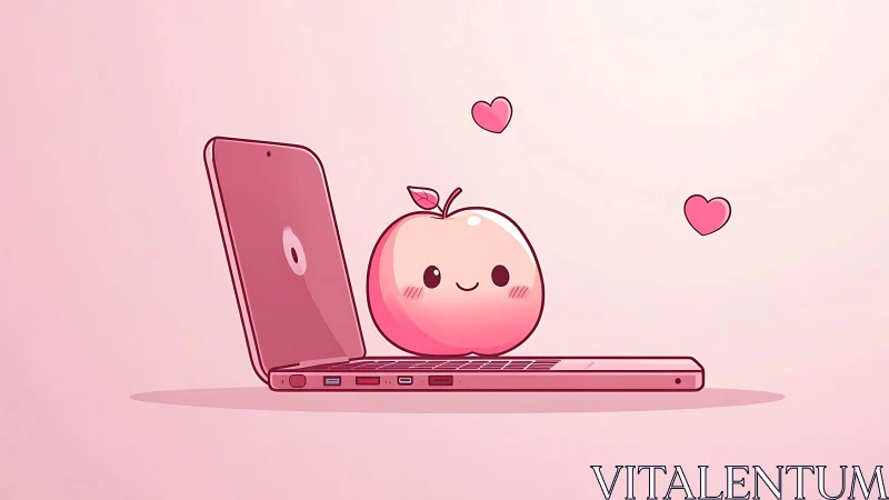 Cute peach mascot sits by laptop in soft pink glow.