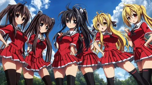 Anime schoolgirls in red uniforms under bright summer sky.