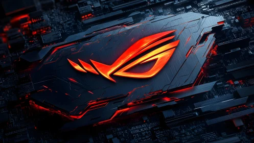 Futuristic ROG Logo on High-Tech Circuit Board with Neon Glow.