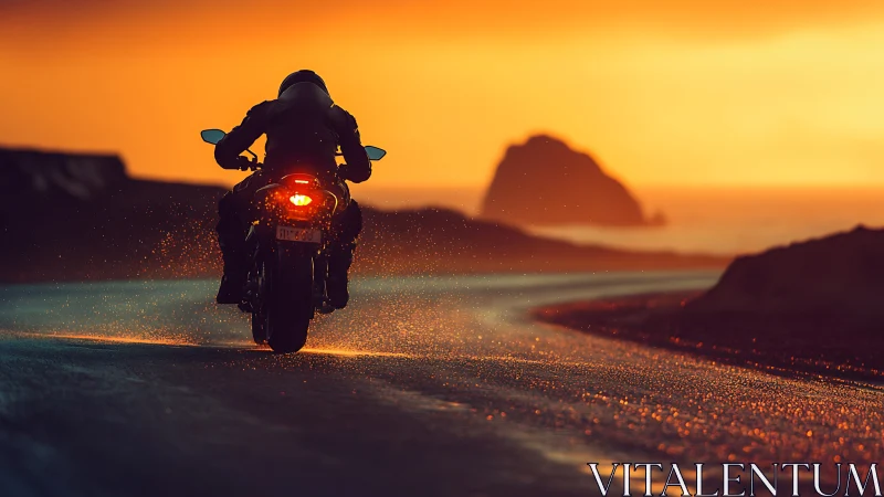 Motorcyclist riding coastal road at sunset in wet spray.