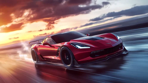 High-downforce red sports car accelerates across wet track at sunset