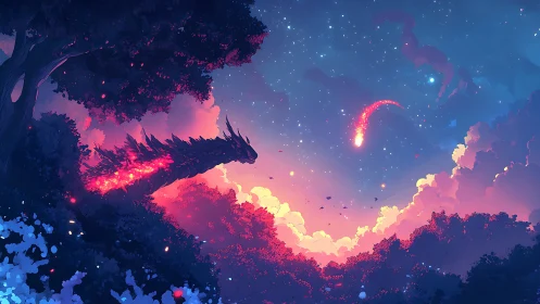 Starlit dragon watches a glowing comet cross the dusk sky