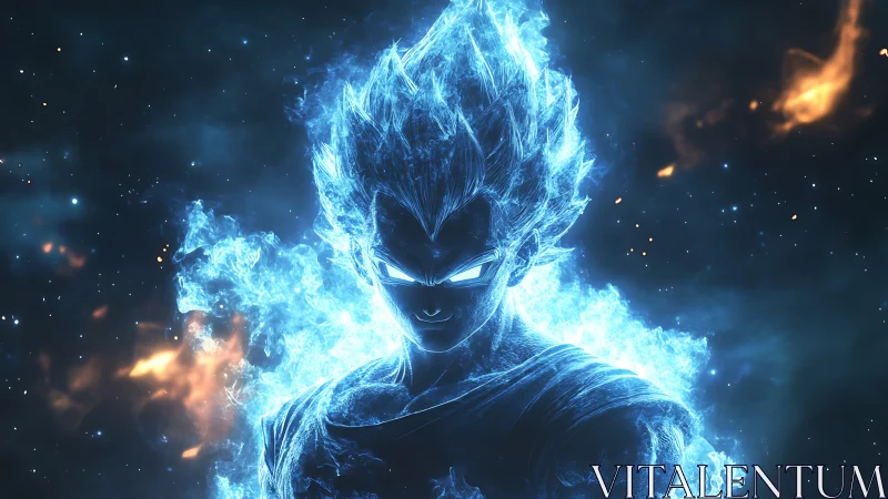 Energy-outlined humanoid figure rendered in blue flame light