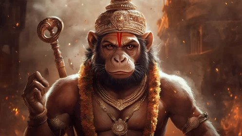 Firelit warrior monkey god crowned in molten dusk armor.