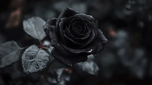 Black rose specimen with water droplets.