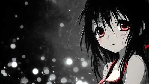 Melancholic anime girl stands under glowing bokeh lights