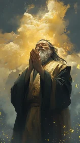 Elderly robed figure in upward pose beneath dense golden cloud.
