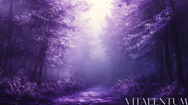 Forest pathway with purple ambient light and atmospheric haze.
