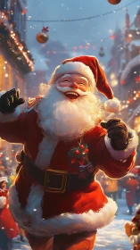 Joyful Santa strolling through a sparkling winter street.