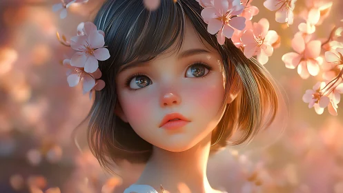 Digital portrait shows stylized girl framed by cherry blossoms