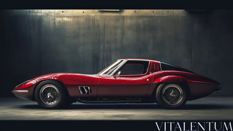 Red vintage sports coupe sits in profile in dim studio