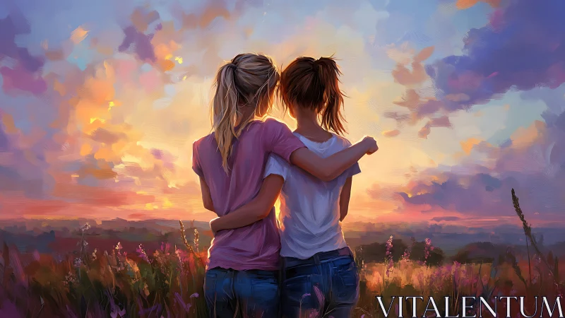 Two Women Embracing at Sunset in Impressionist Style Painting.