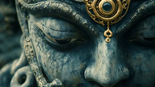 Weathered stone deity face bears ornate golden forehead jewel