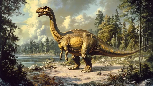 Sauropod dinosaur in lush prehistoric riverside forest.