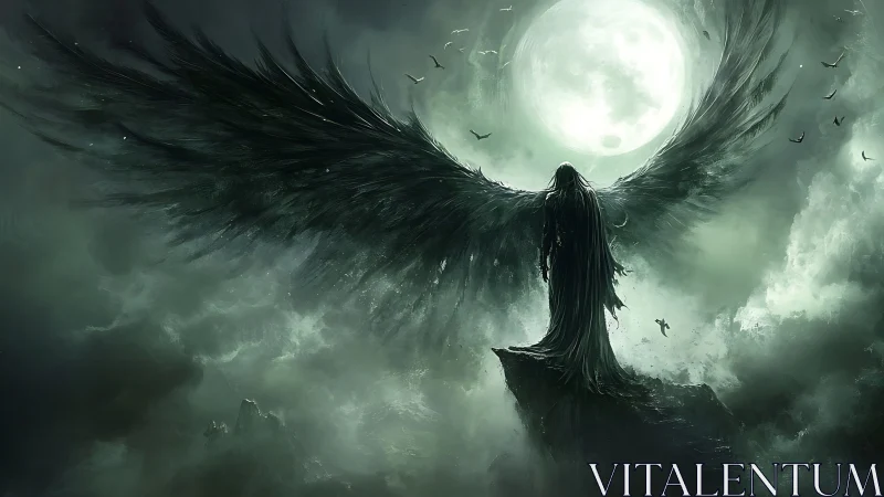 Moonlit fallen angel unfurls storm-black wings above abyss.