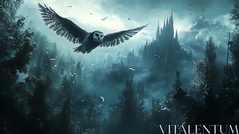 Snowy owl in nocturnal flight above distant gothic castle.