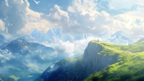 Skyline wanderers on a sunlit cliff of drifting dreams.