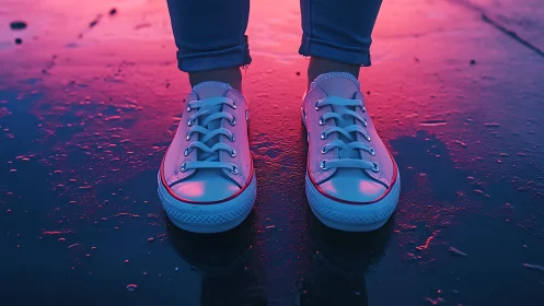 Neon-lit sneakers stand on wet asphalt in cinematic low angle