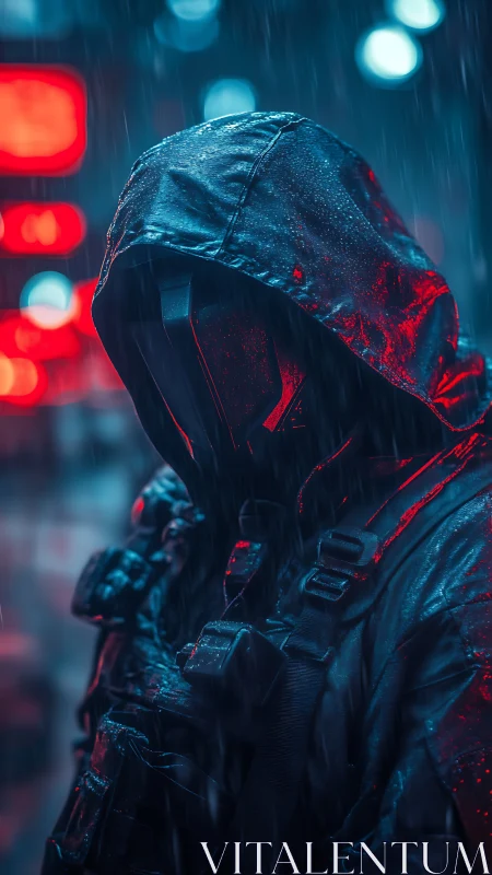Hooded armored figure in neon lit rain soaked urban street.