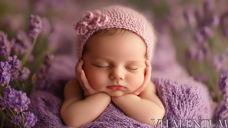 Sleeping Newborn in Lavender Field with Pink Hat.