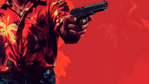 Crimson tropics freeze as a floral shirt levels cold steel