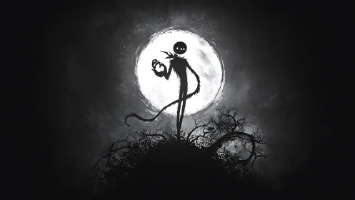 Moonlit shadow figure atop tangled haunted hillside.