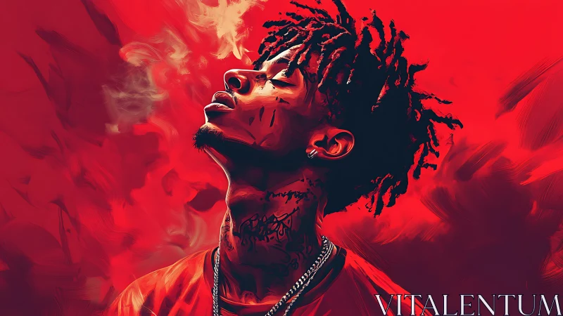 Crimson haze portrait of a calm, smoke‑lit dreamer.