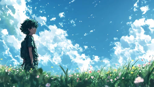 Sky-dreaming student stands in wildflower sea of sunlight.