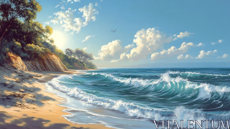 Waves strike sunny forested shoreline under bright sky