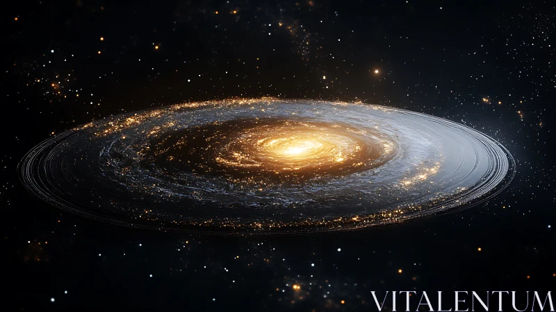 Spiral galaxy disc with bright golden central core in space.