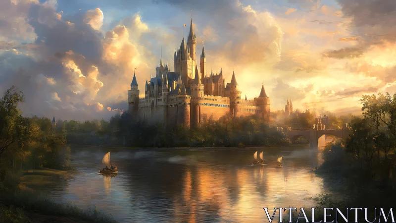 Wide riverfront castle complex stands under dense evening clouds