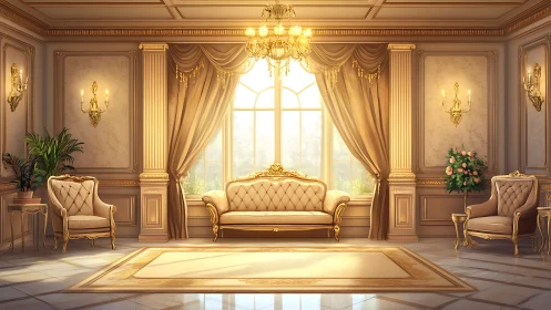 Sunlit neoclassical parlor glows with gilded elegance.