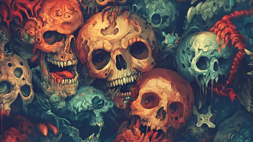 Surreal pile of decaying skulls swirls in infernal colors