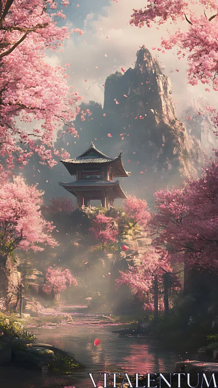 Mountain shrine amid misty river gorge and cherry blossoms