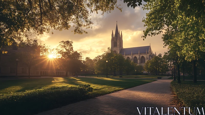 Golden sunset illuminates a tranquil cathedral campus lawn