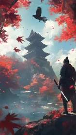 Samurai overlooking tiered pagoda amid autumn maple ravine