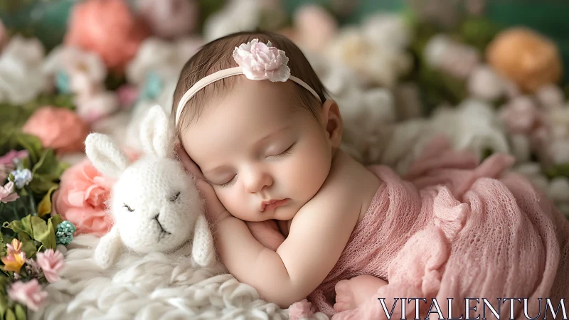 Newborn baby sleeping with toy bunny on soft florals.