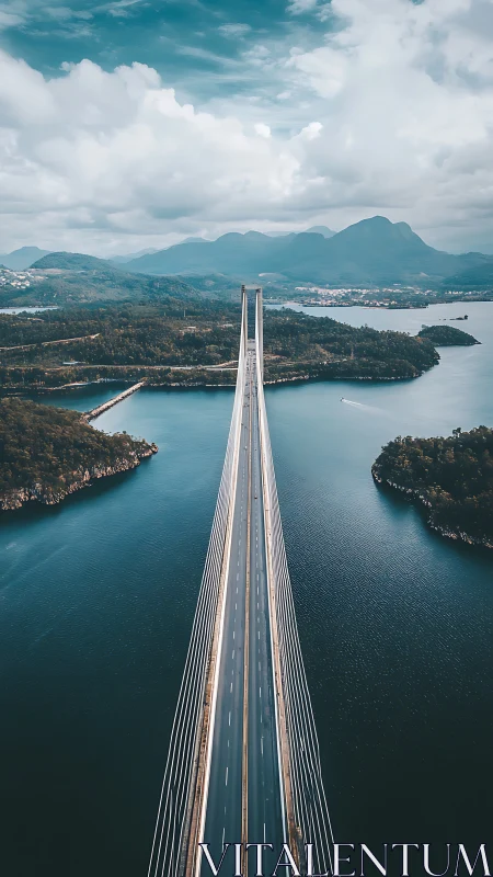 Cable-stayed highway bridge bisecting coastal fjord landscape.